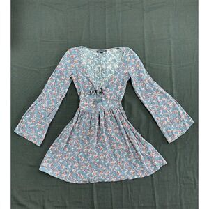 American Eagle Outfitters Blue Floral Tie Front Bell Sleeve Mini Dress XXS